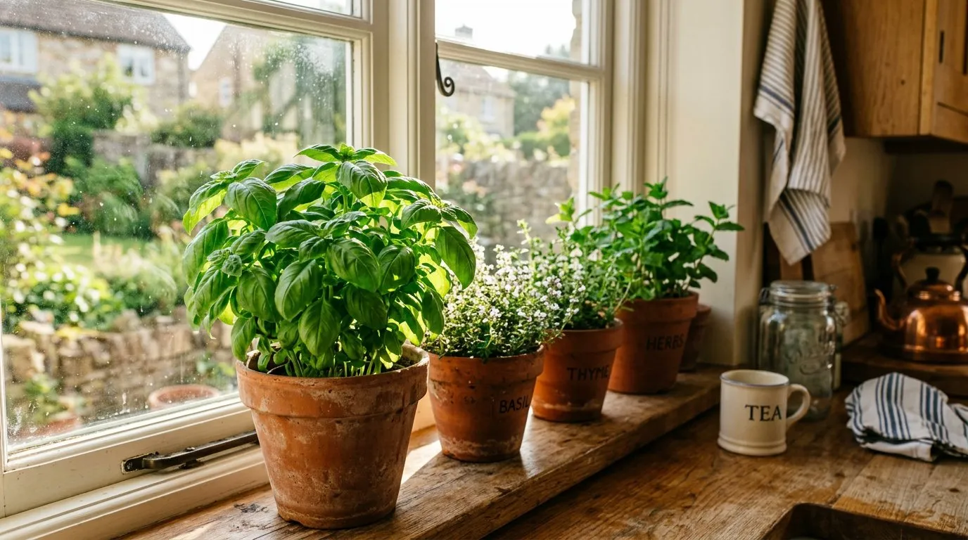 Basil plants growing in terracotta pots on a sunny UK kitchen windowsill