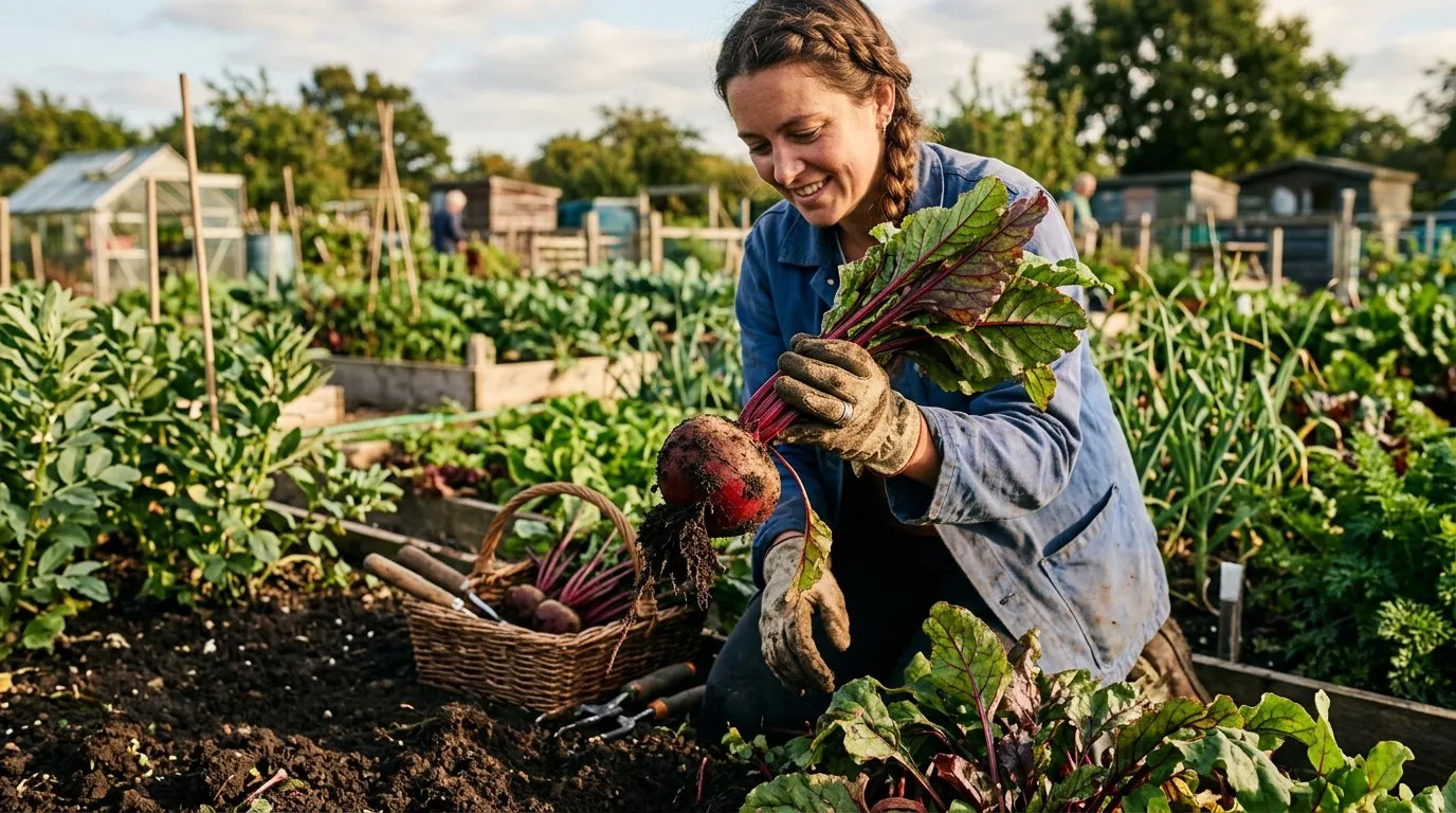 Deep red beetroot being lifted from soil showing root and colourful leaves