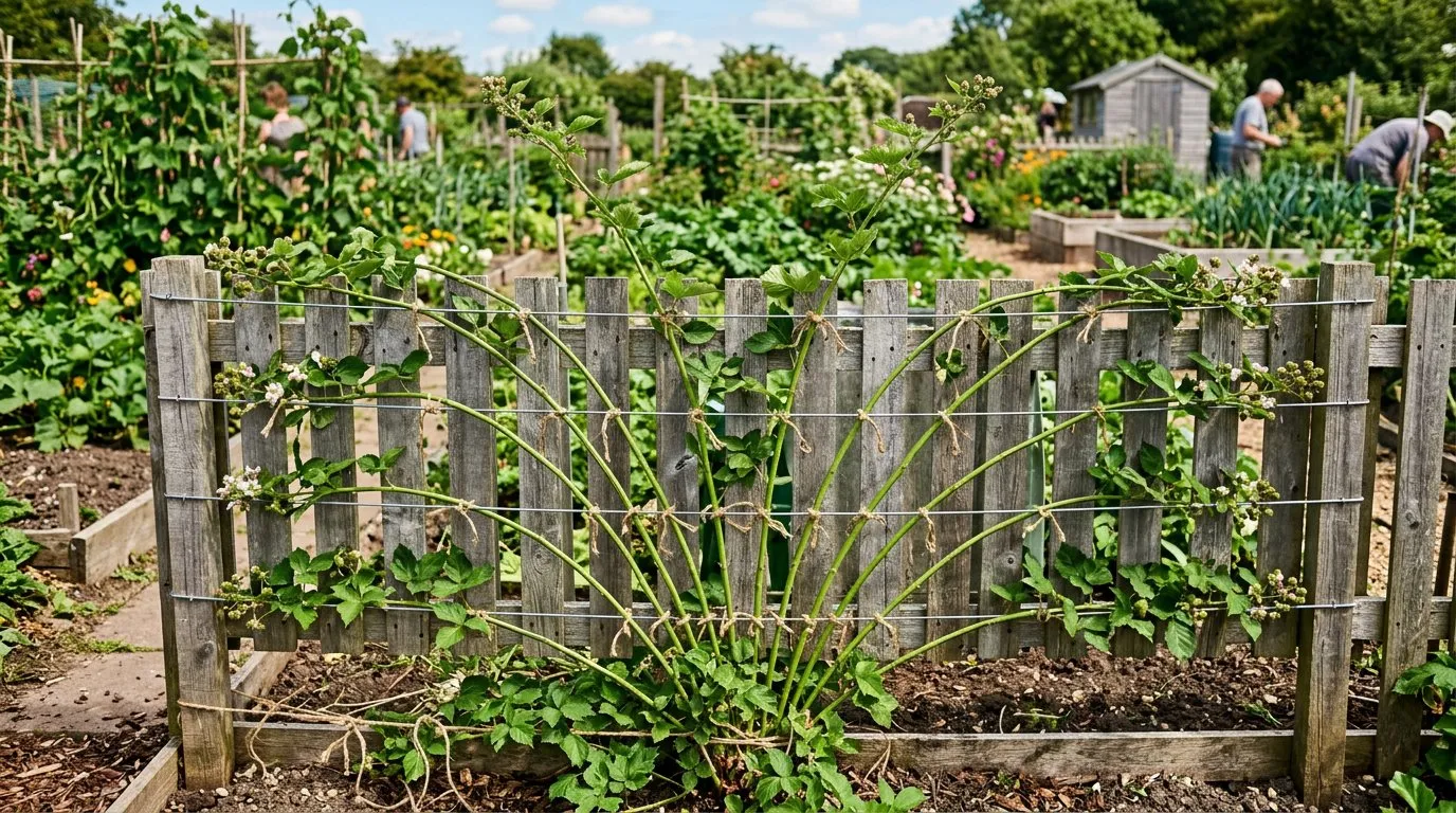 Blackberry canes fan-trained on horizontal wires against a fence