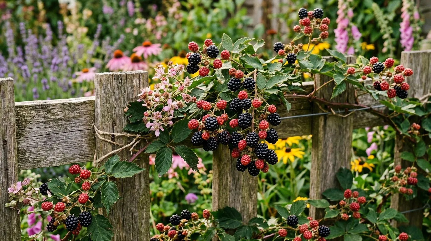 Ripe blackberries growing on a fan-trained bush against a garden fence