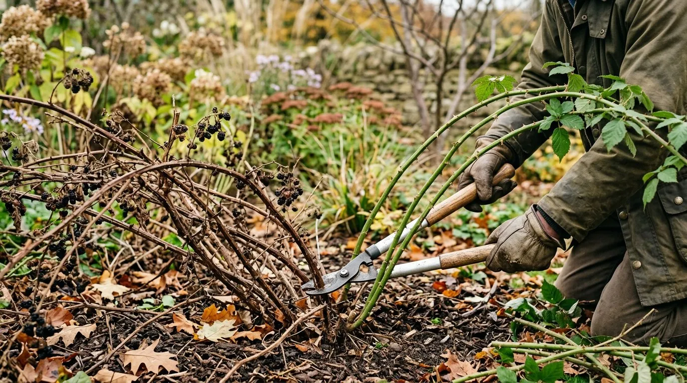 Cutting old fruited blackberry canes at ground level in autumn