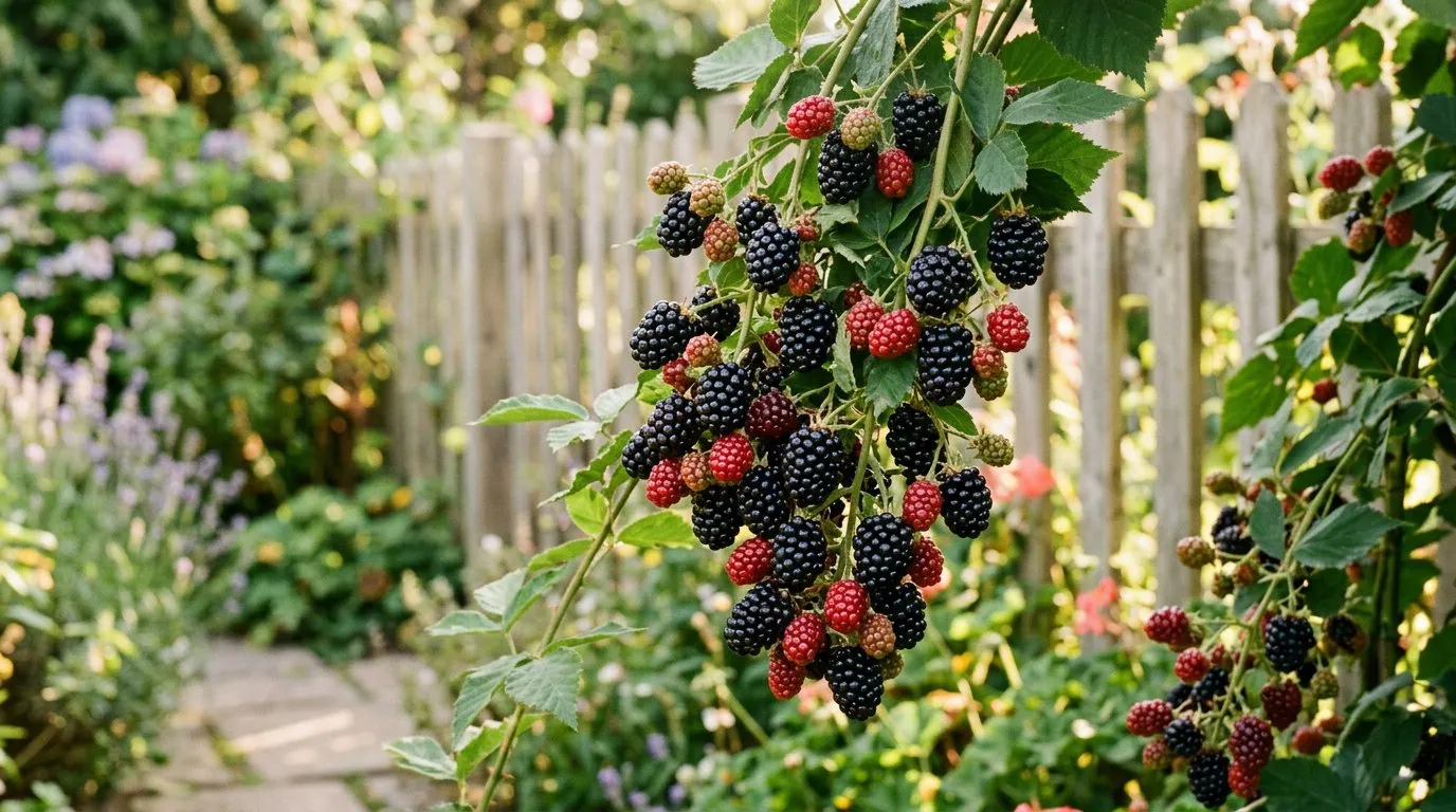 Ripe blackberries on thornless canes with glossy dark berries