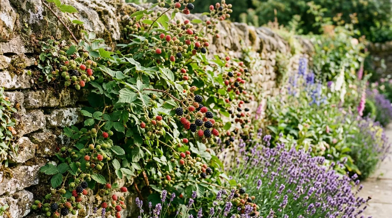 Blackberry plant growing along a sunny garden wall laden with fruit