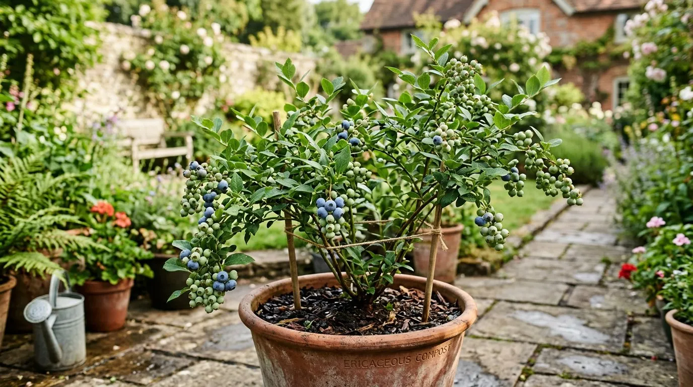 Blueberry bush growing in a container of ericaceous compost on an English patio