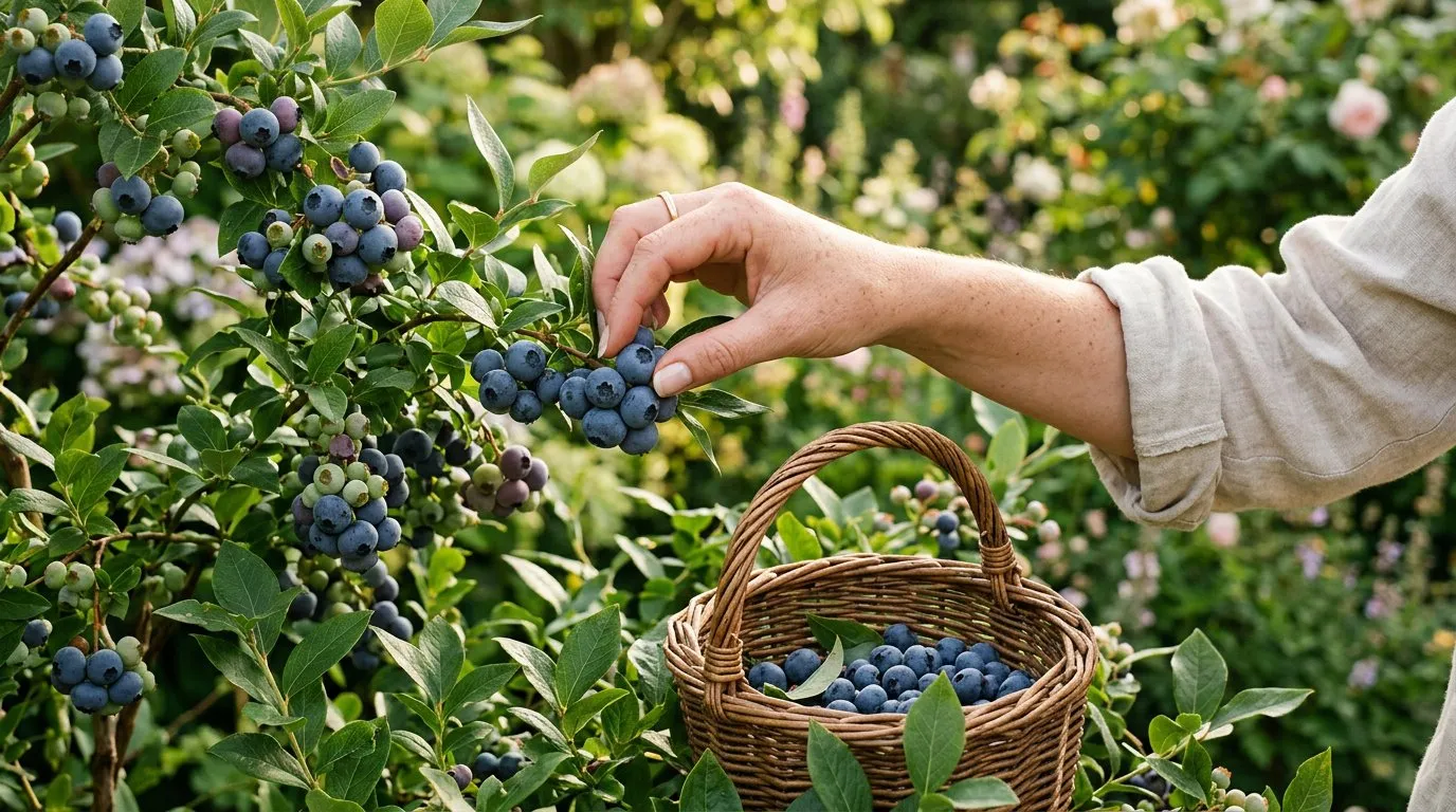 Hand picking ripe blueberries from a bush into a wicker basket