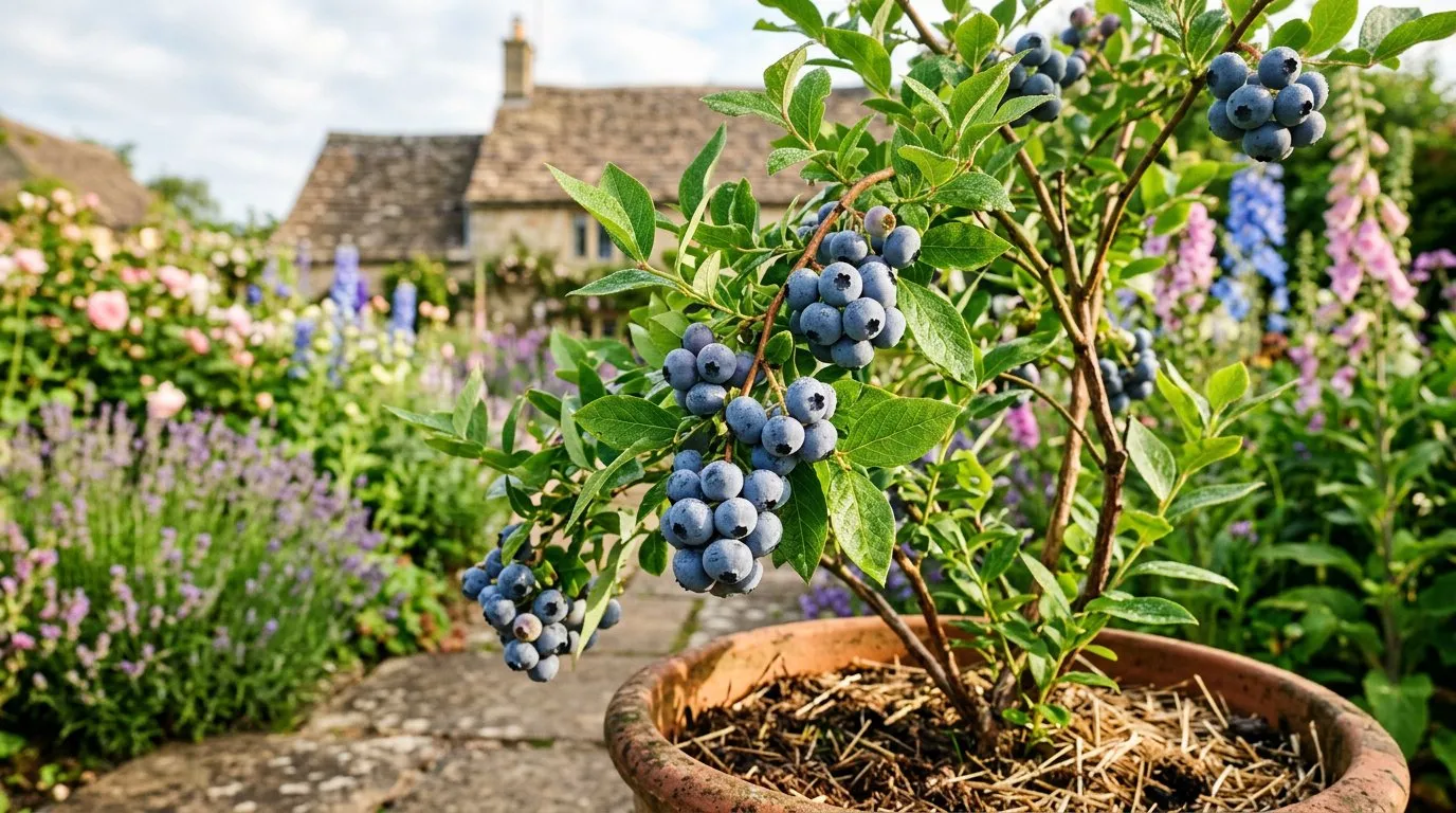 Ripe blueberries growing on a bush in a container in a UK cottage garden