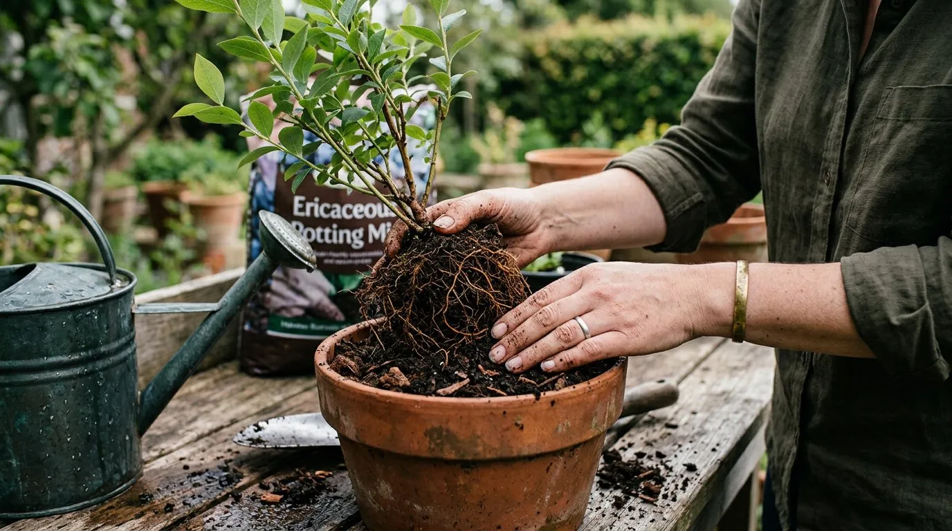 Planting a young blueberry bush into a pot of ericaceous compost