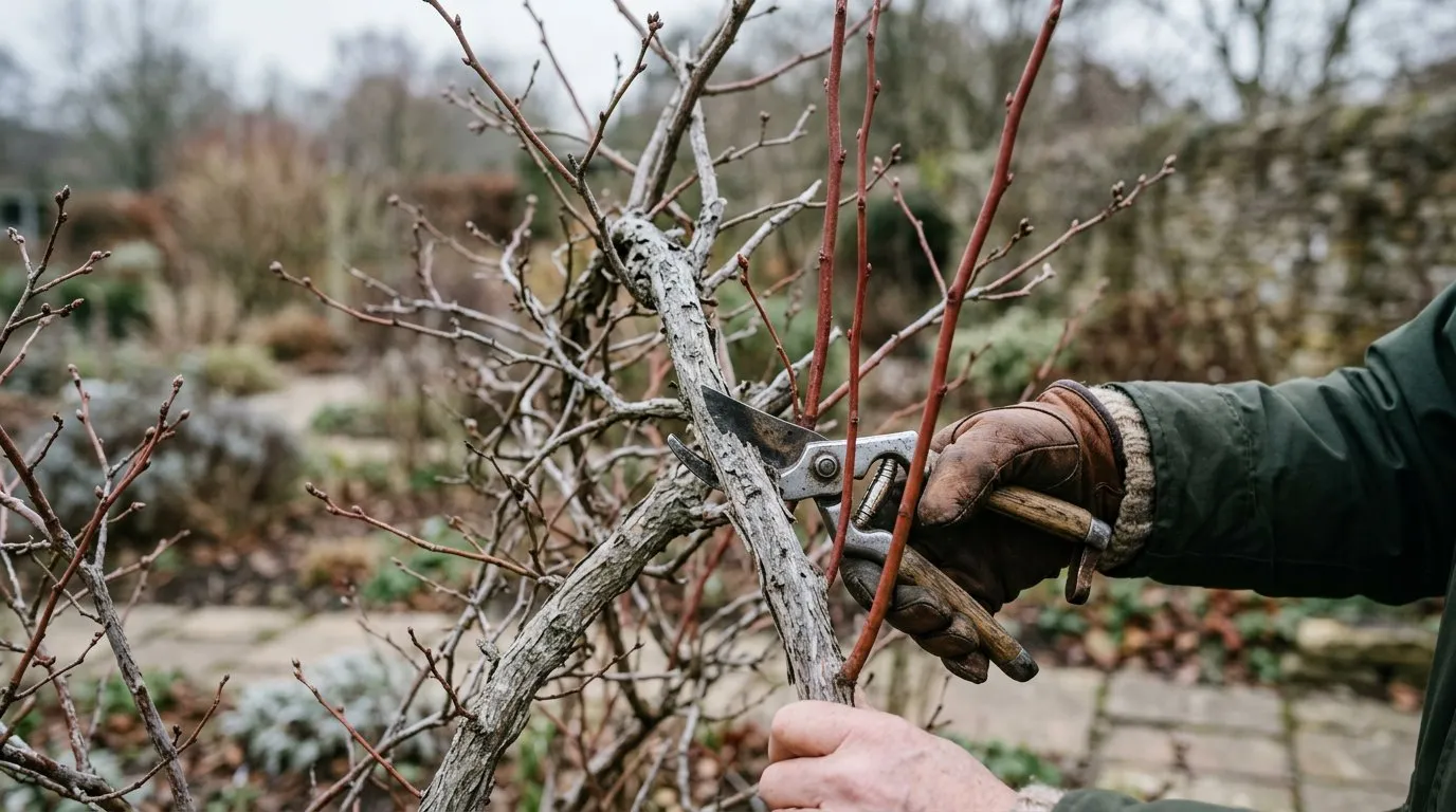Pruning old grey wood from a mature blueberry bush in winter