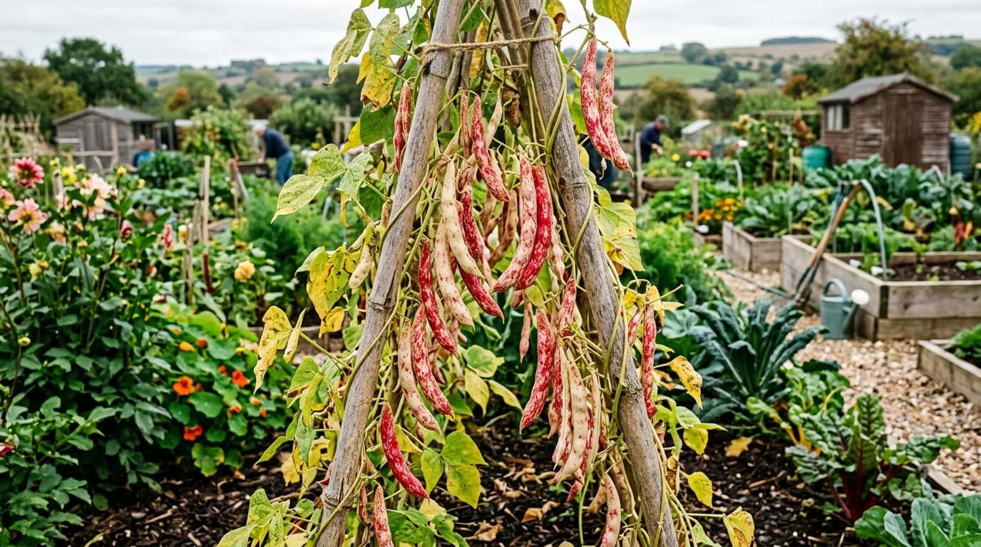 Red speckled borlotti bean pods drying on climbing vines in a UK allotment