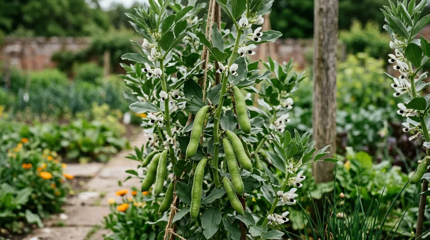 Broad bean pods hanging from plants with flowers in a vegetable garden
