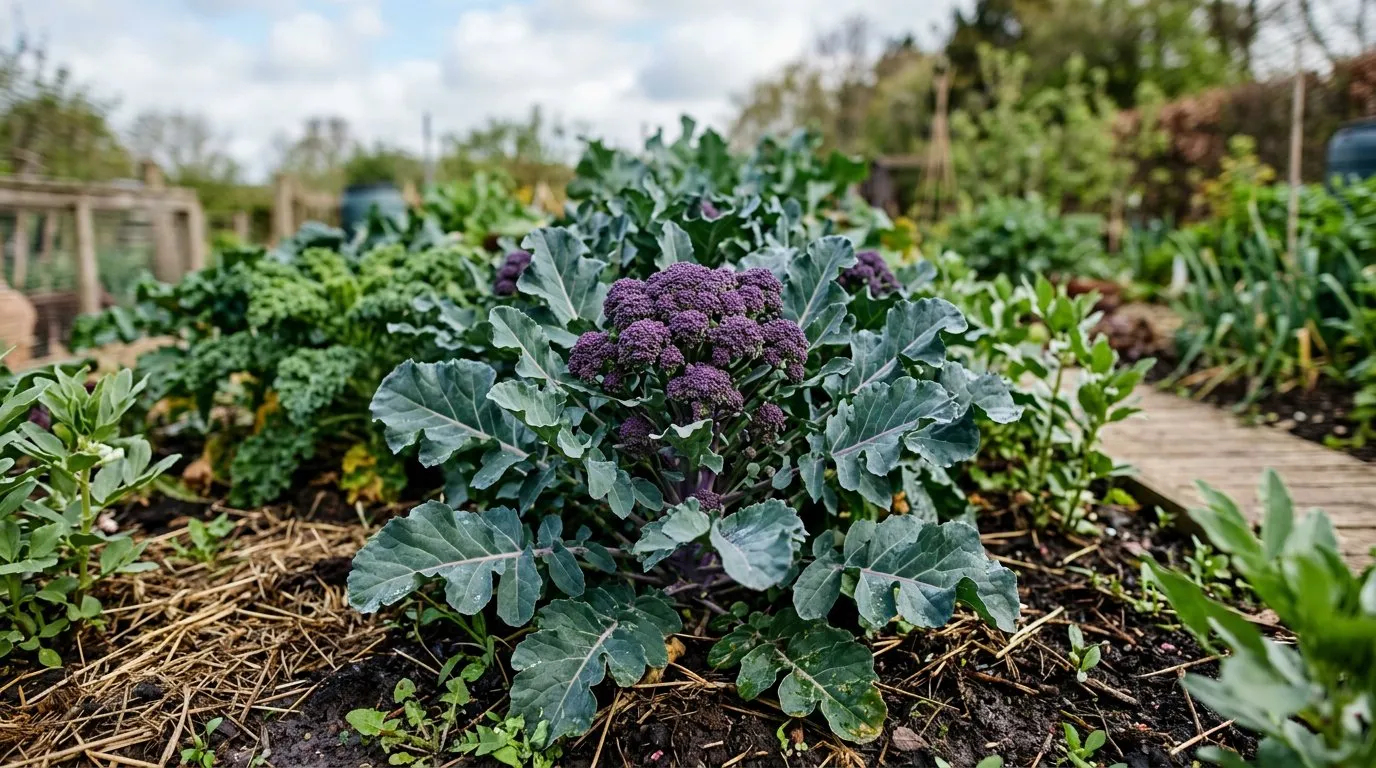 Purple sprouting broccoli head with blue-green leaves in a vegetable garden