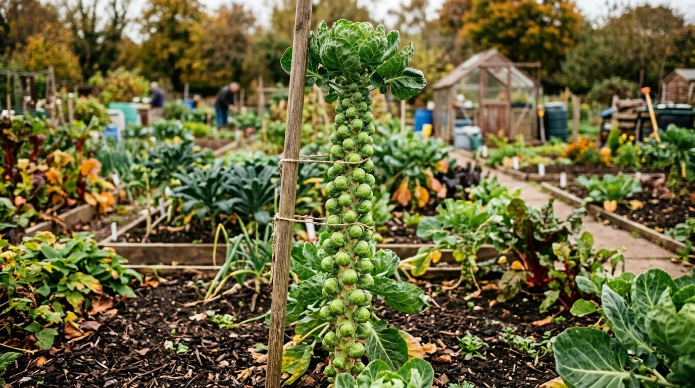 Brussels sprouts growing on tall stalks in a UK allotment
