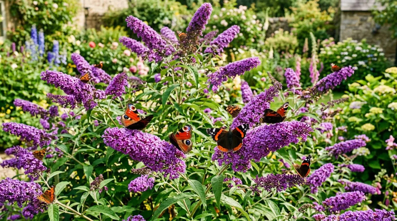 Purple buddleja butterfly bush in full summer bloom attracting butterflies in a UK garden