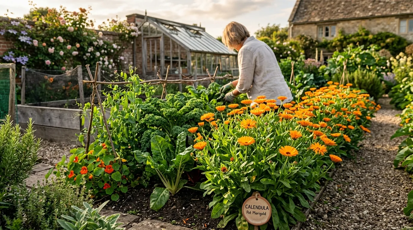 Bright orange calendula pot marigold flowers in bloom in a UK kitchen garden