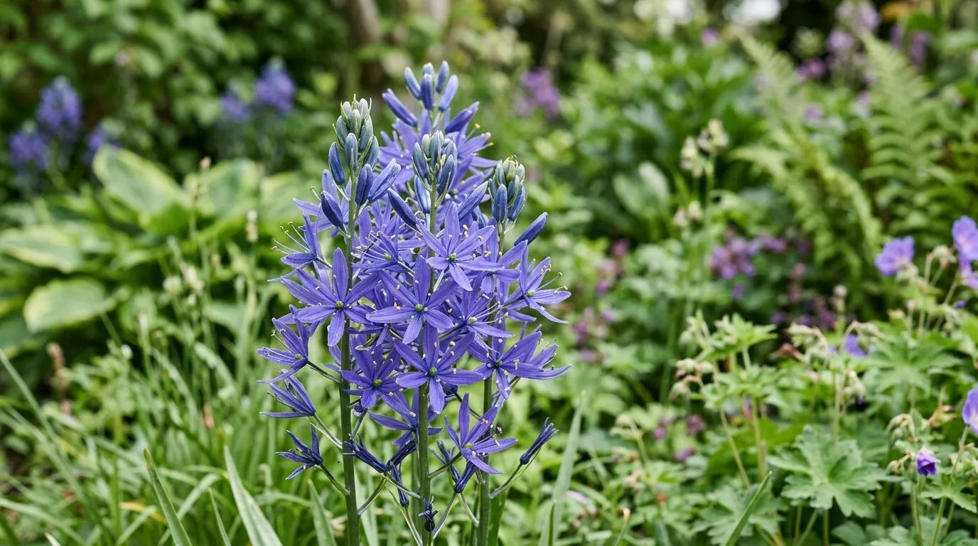 Close-up of camassia flowering in a UK garden border for camassia guide