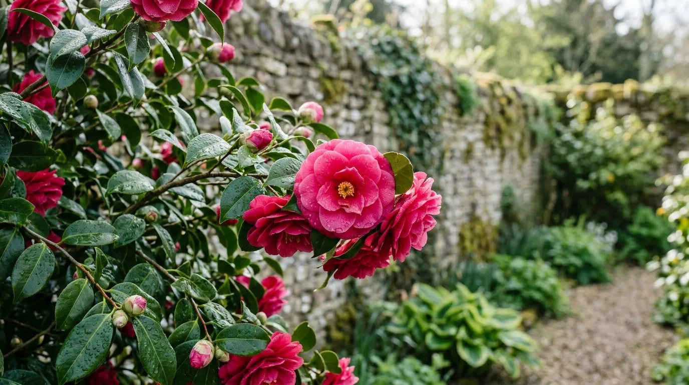 Deep pink camellia japonica blooms on an evergreen shrub against a stone garden wall in early spring