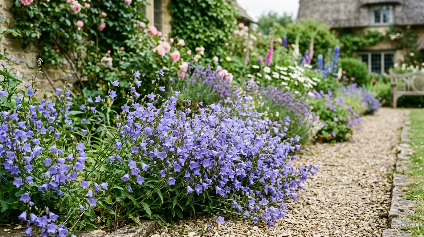 Blue campanula bellflowers growing in a UK cottage garden border
