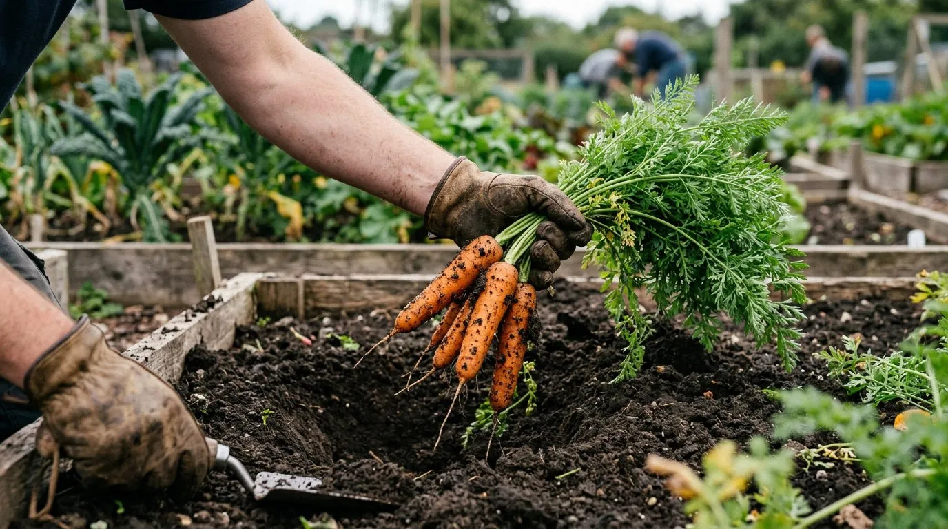 Freshly harvested carrots being pulled from dark allotment soil with green tops visible