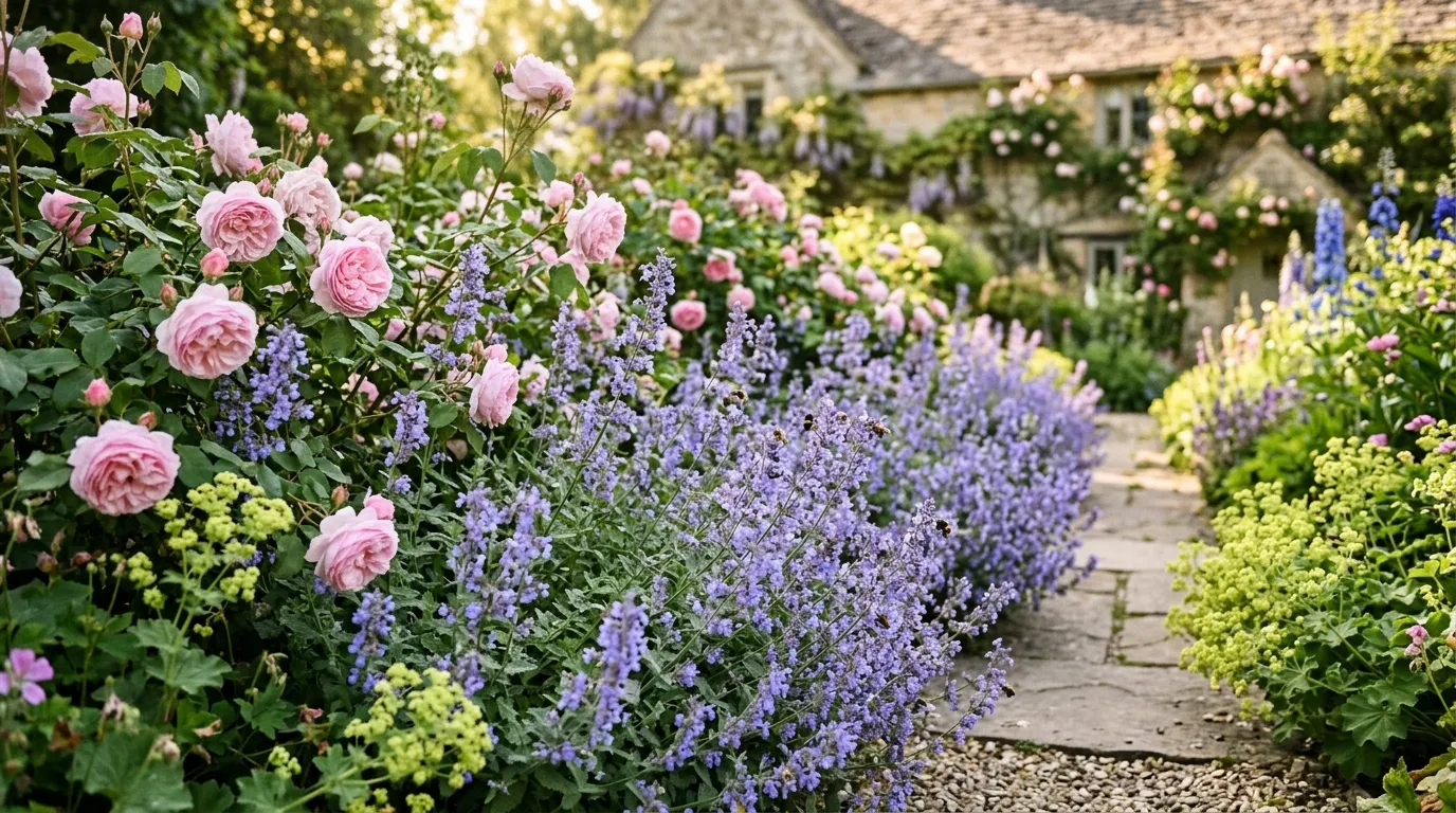 Catmint (Nepeta) in full bloom along a sunny UK garden border with bees visiting blue-purple flowers