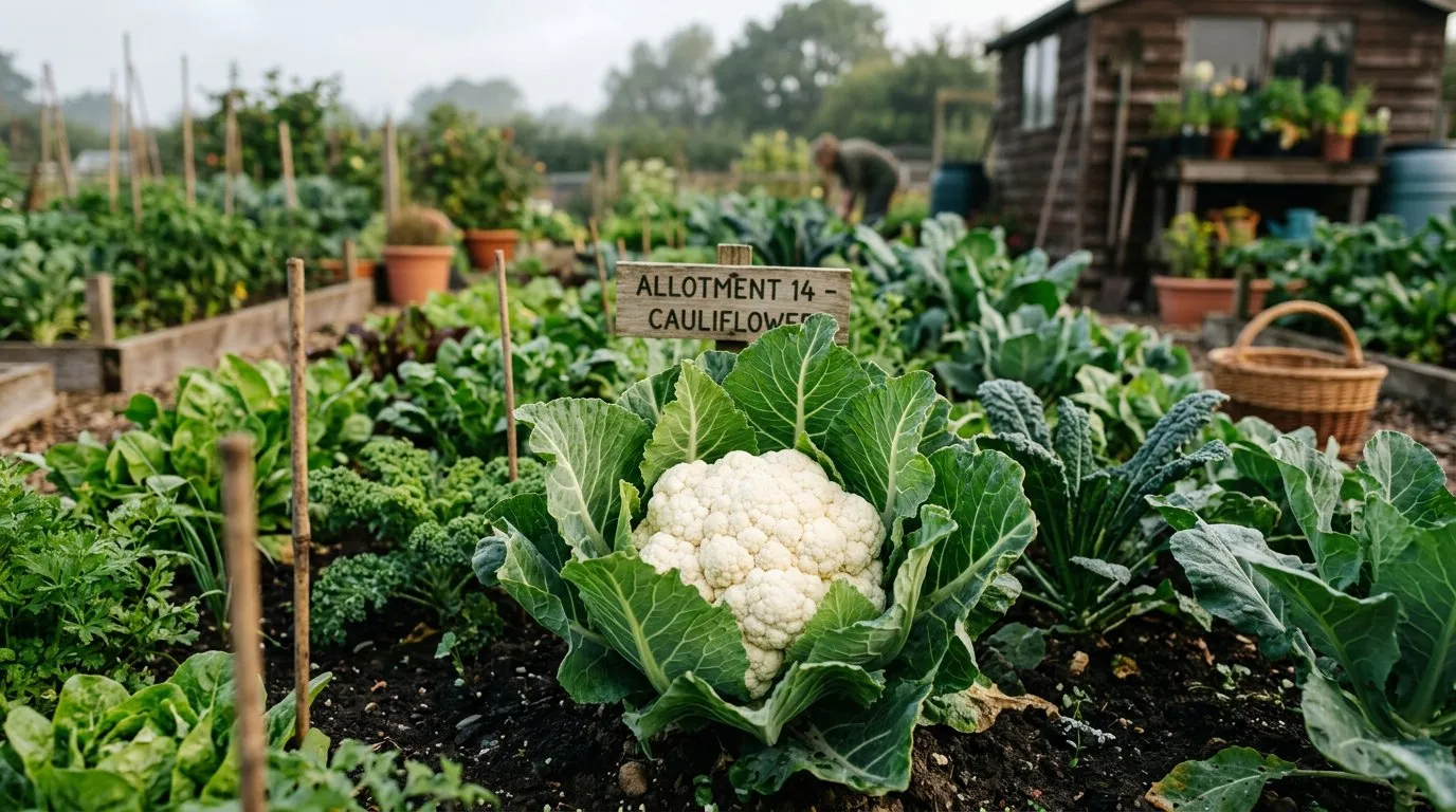 Large white cauliflower head with green leaves in a vegetable garden