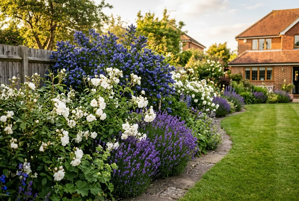 Ceanothus with lavender and white roses in a complementary UK garden border