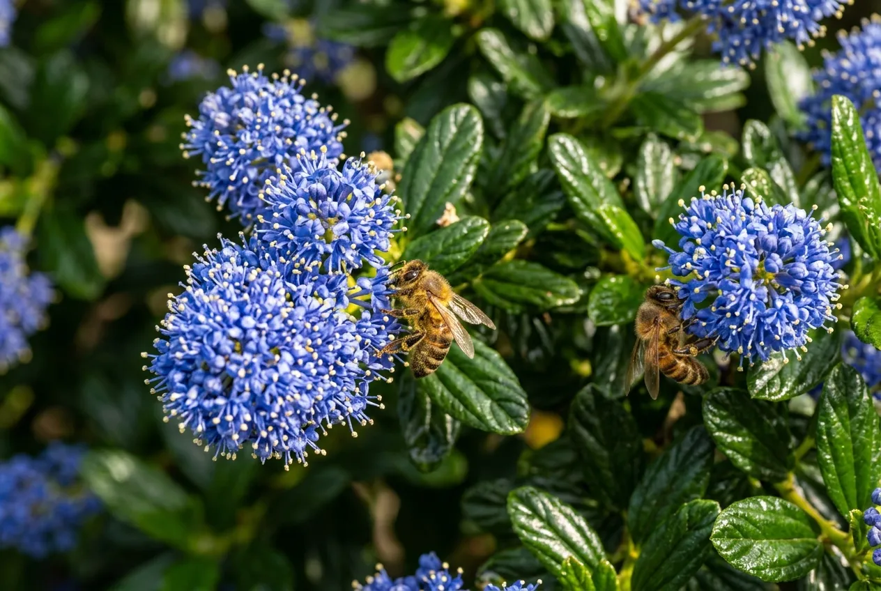 Close-up of ceanothus blue flower clusters with bees visiting in spring