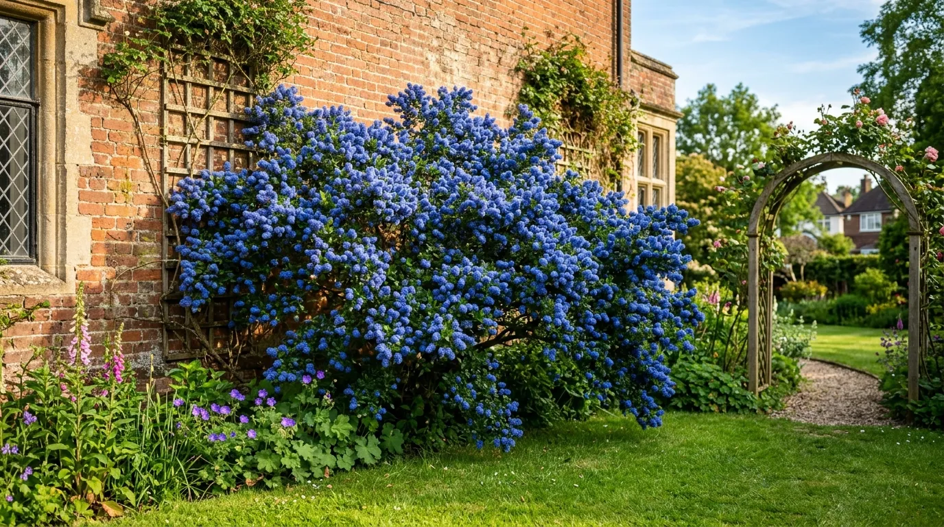 Evergreen ceanothus in full blue bloom against a brick wall in a UK garden