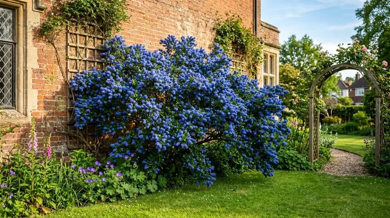 Evergreen ceanothus covered in blue flowers beside a brick wall