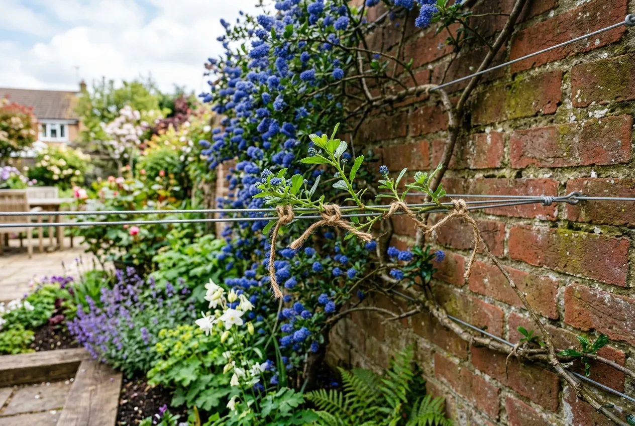 Ceanothus trained against a garden wall with wire supports and garden twine