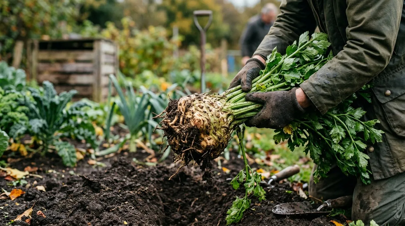 Knobbly celeriac root being lifted from dark allotment soil