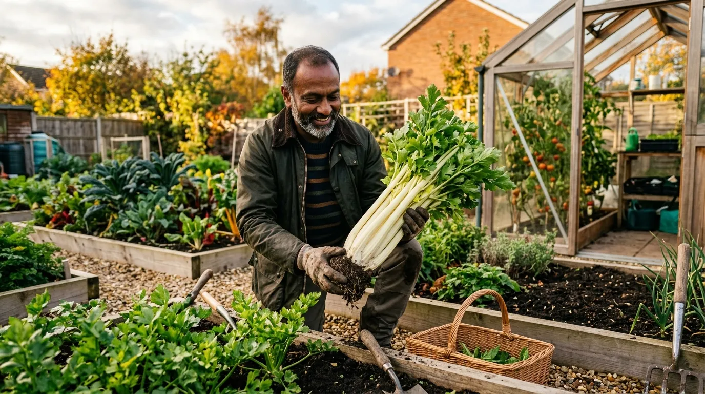Grow celery UK showing healthy harvest from suburban vegetable garden