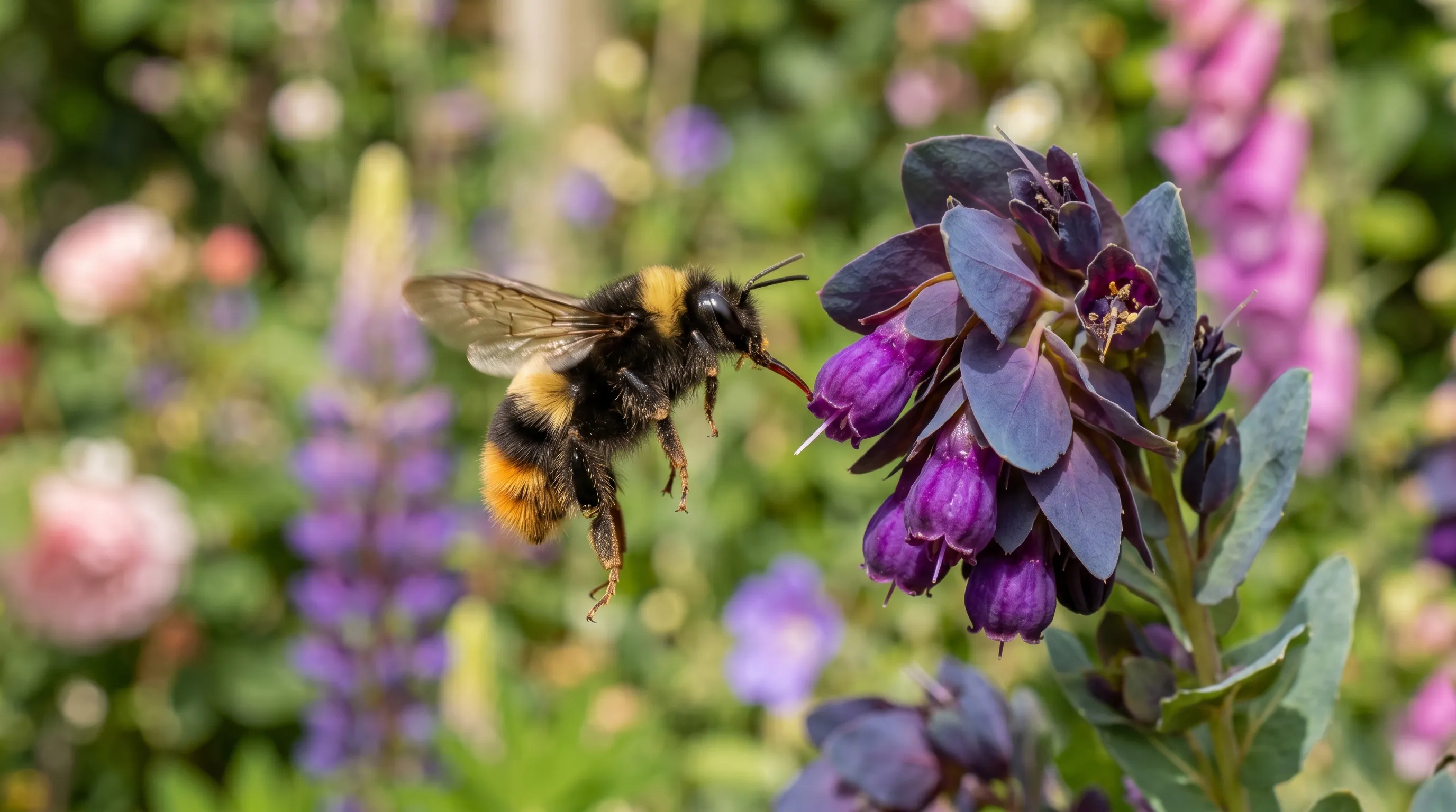 Buff-tailed bumblebee feeding on a deep purple Cerinthe bract