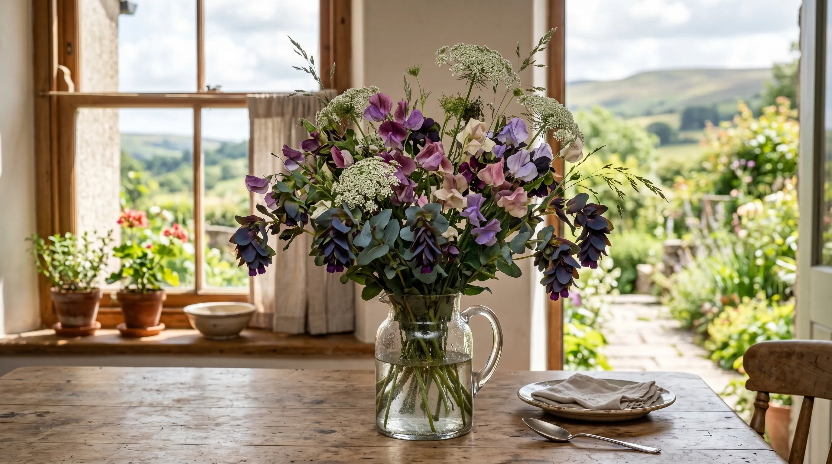 Cut Cerinthe flowers in a glass jug on a kitchen table