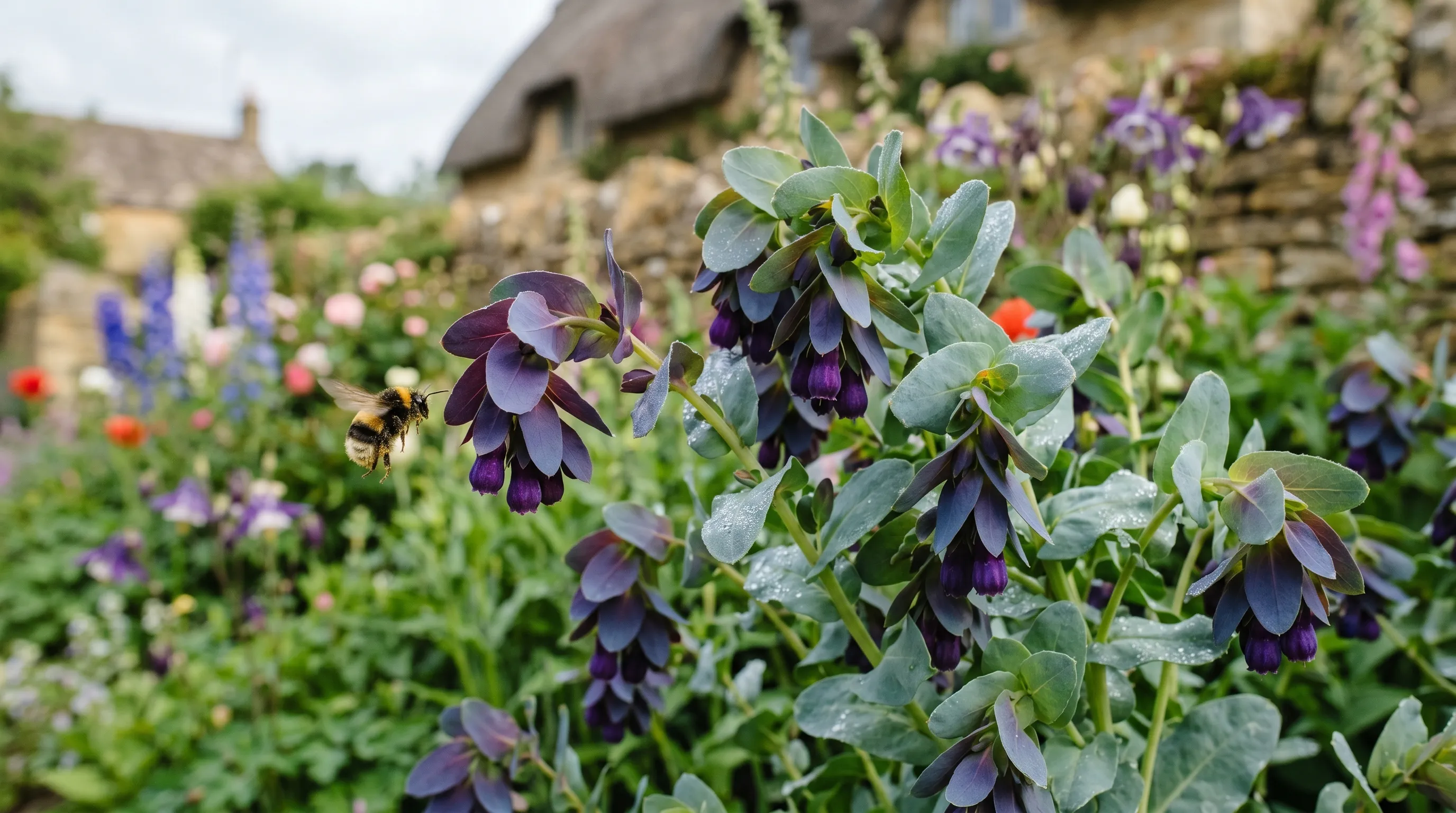 Cerinthe major Purpurascens honeywort with purple bracts drifting through a UK cottage garden border