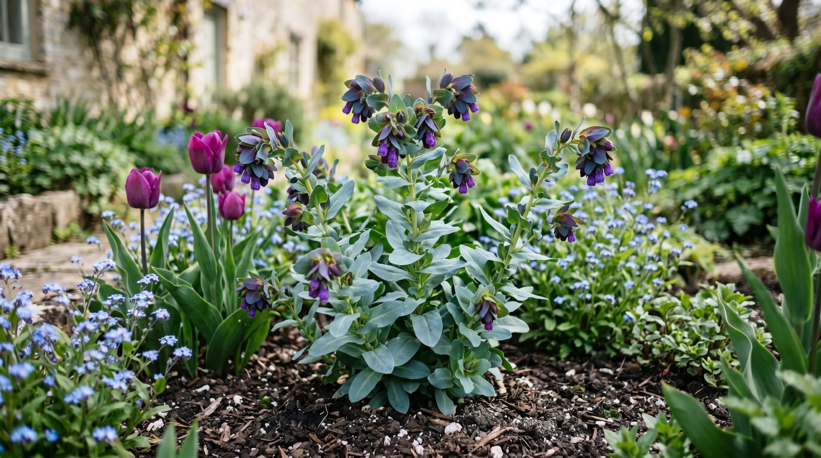 Autumn-sown Cerinthe plant established in a chalky border in spring