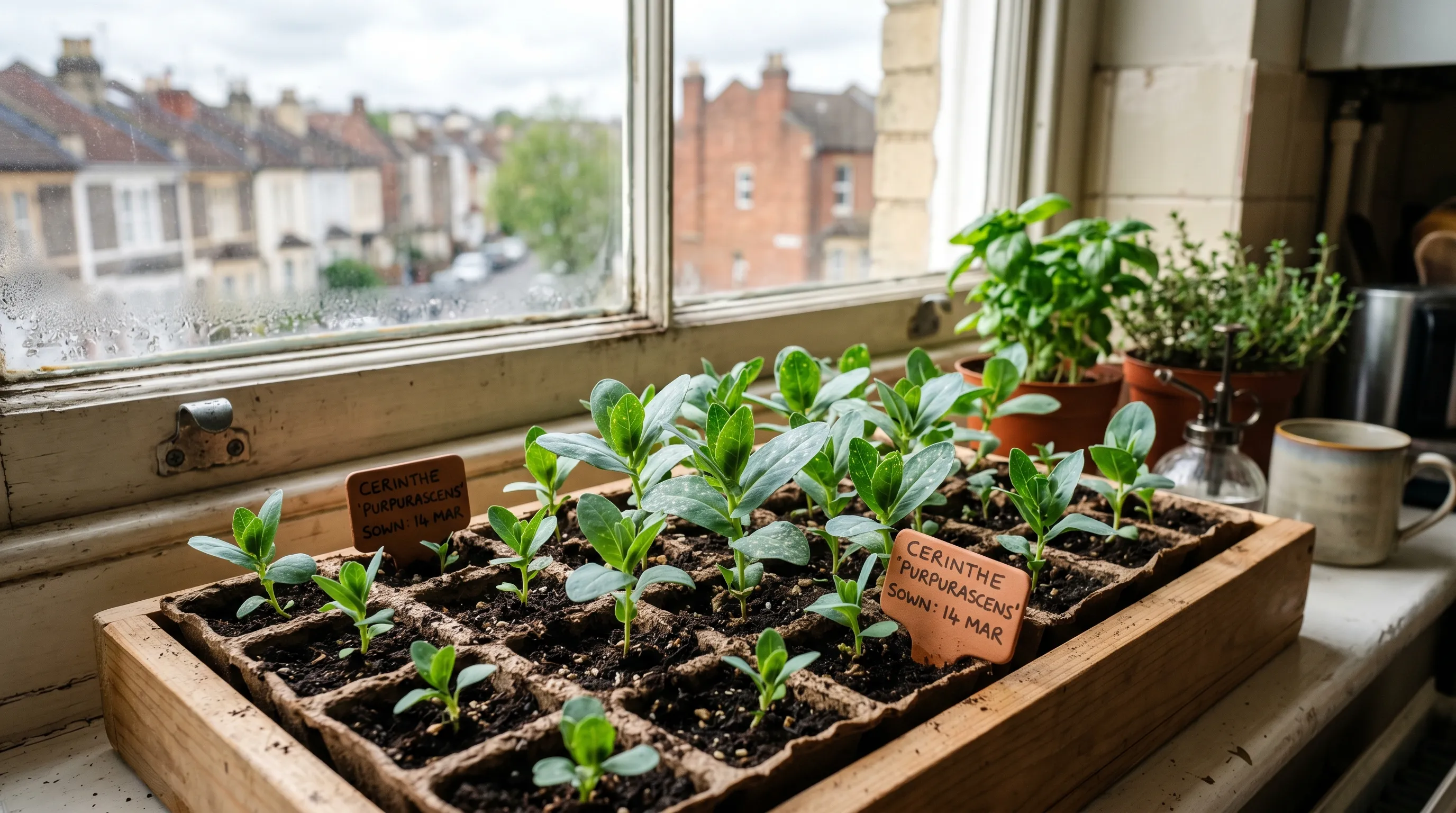 Young Cerinthe seedlings with distinctive glaucous blue-green leaves