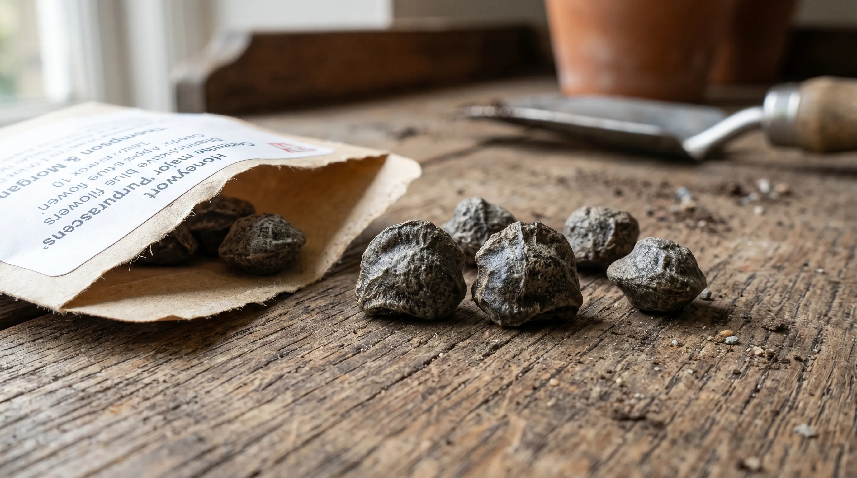 Close-up of large grey-brown Cerinthe seeds for sowing