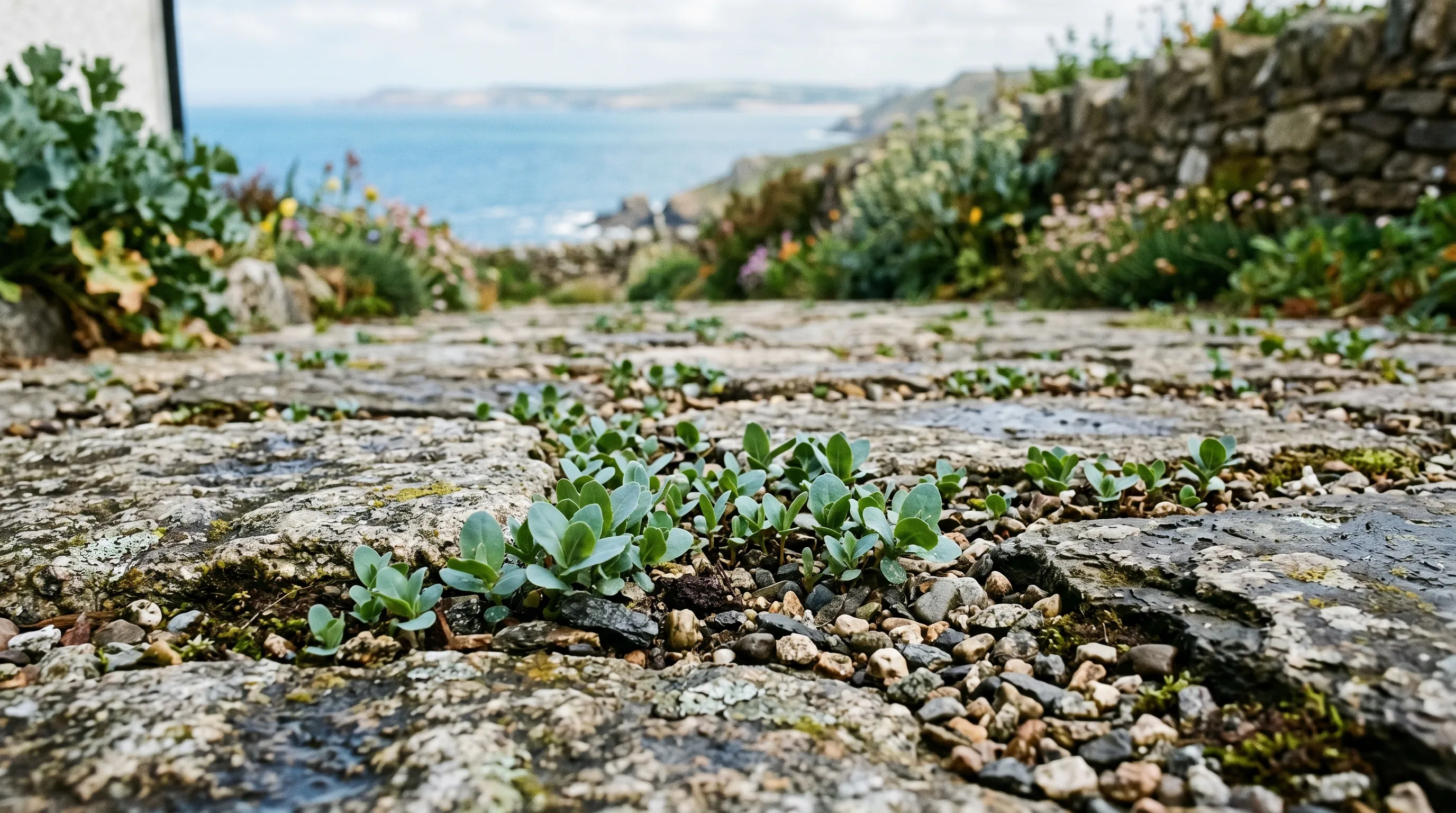 Self-seeded baby Cerinthe seedlings emerging through gravel in a seaside cottage garden