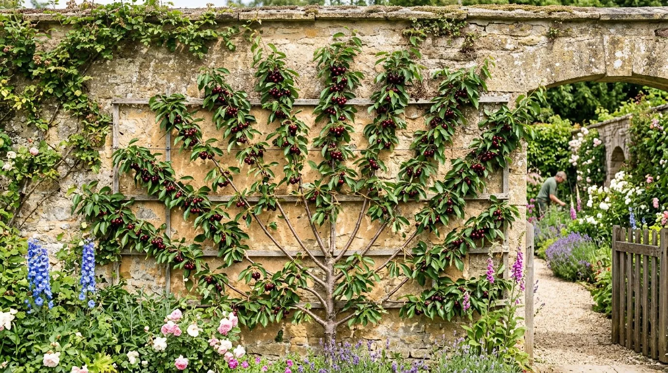 Cherry tree fan-trained against a sunny wall with ripening fruit
