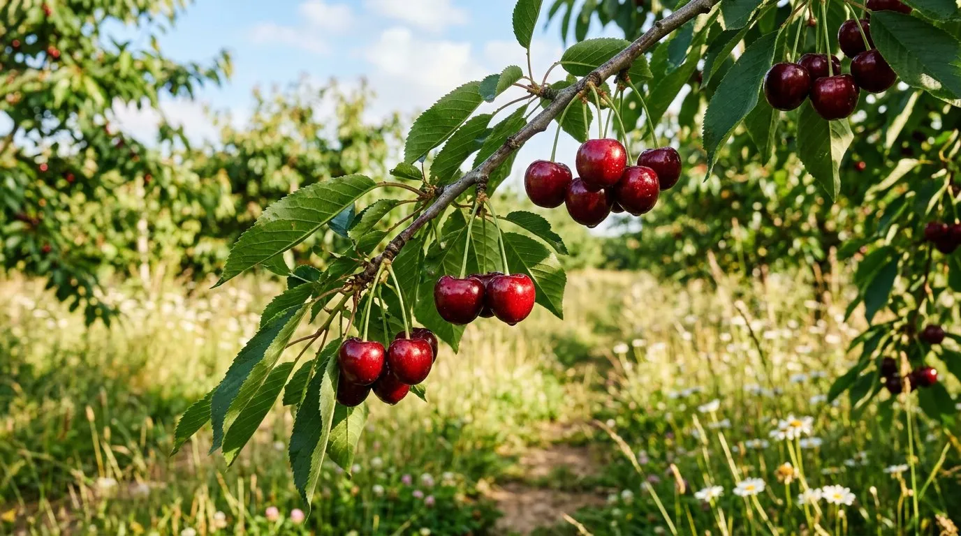 Ripe dark red sweet cherries hanging on a branch in a Kent orchard