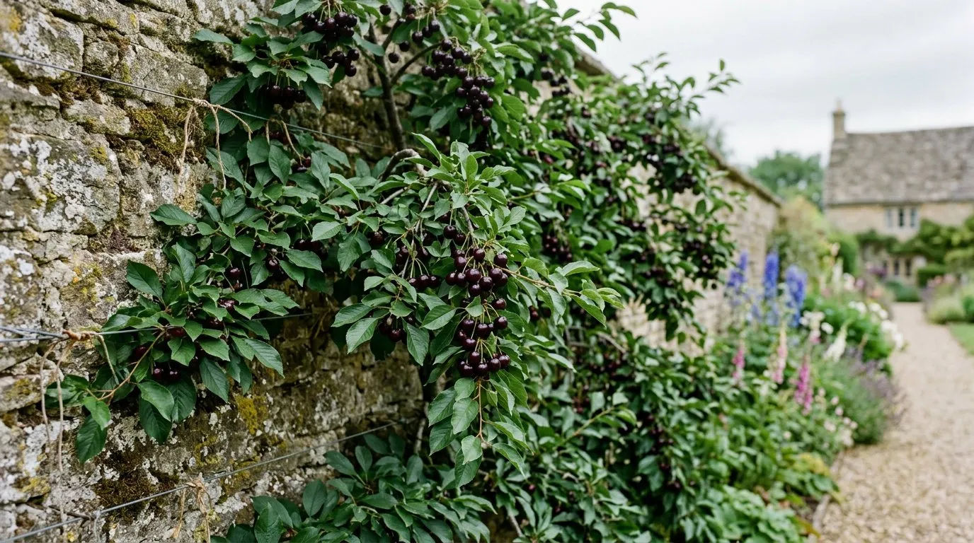 Morello cherries growing on a north-facing garden wall