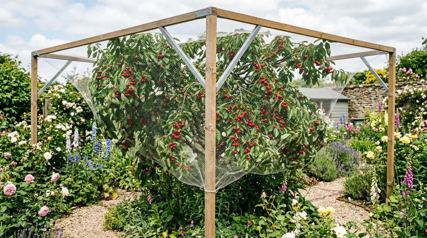 Bird netting over a cherry tree to protect ripe fruit