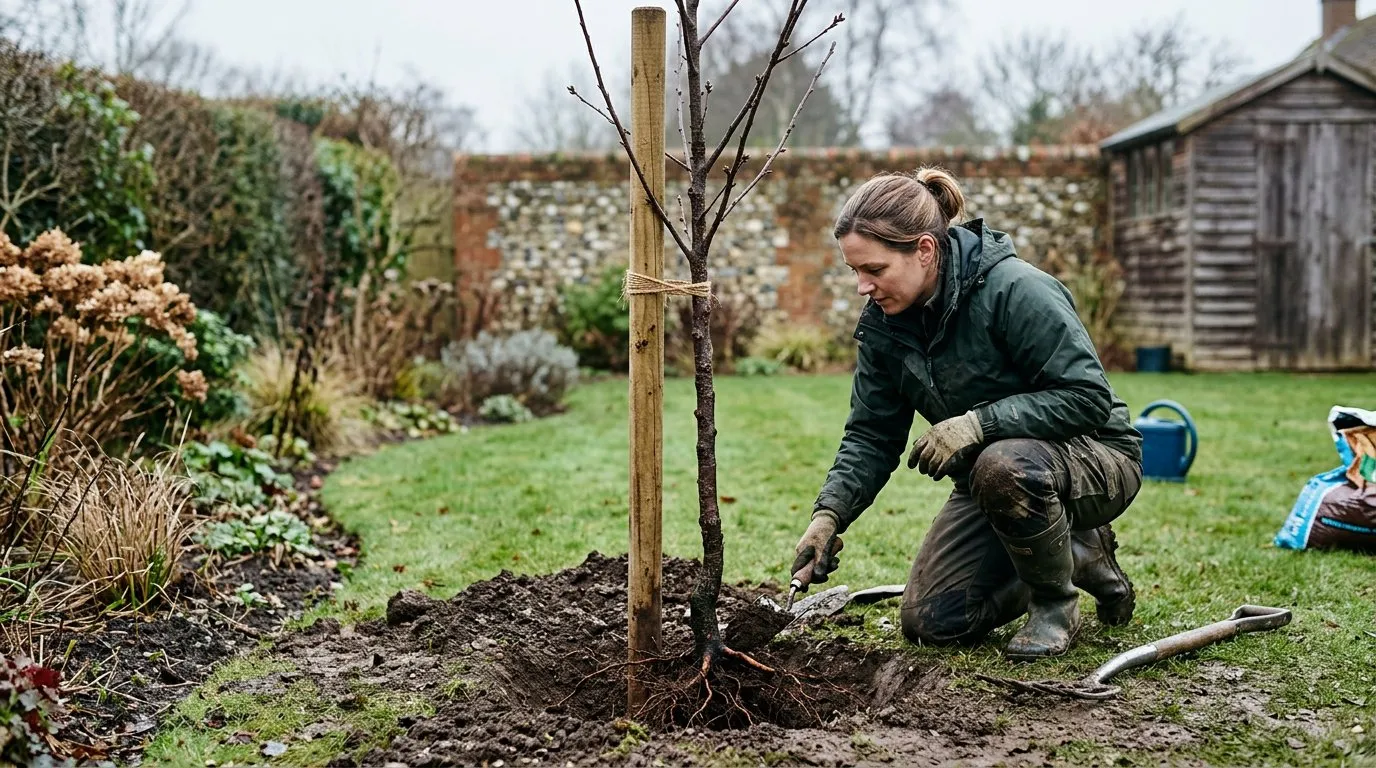 Young cherry tree being planted in an English garden with a stake