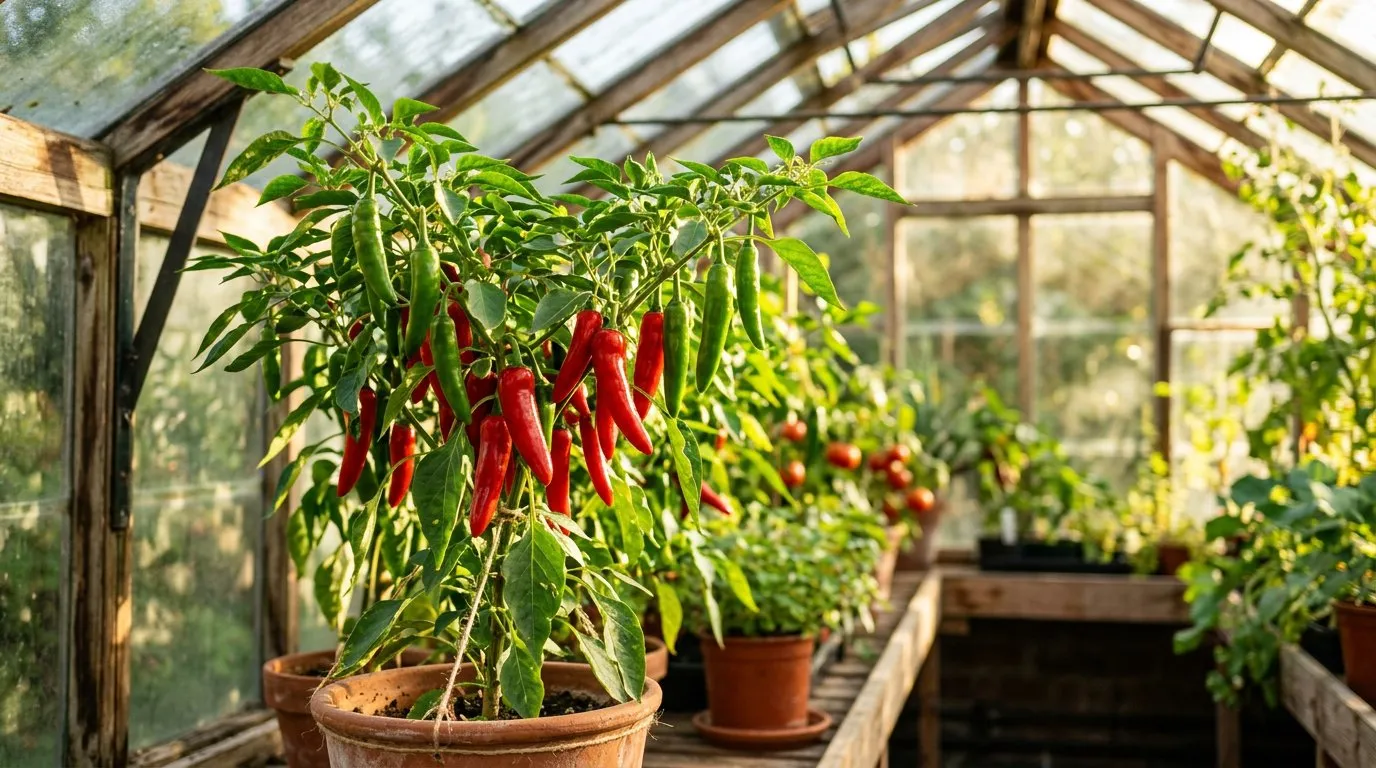Red and green chilli peppers ripening on a plant inside a greenhouse