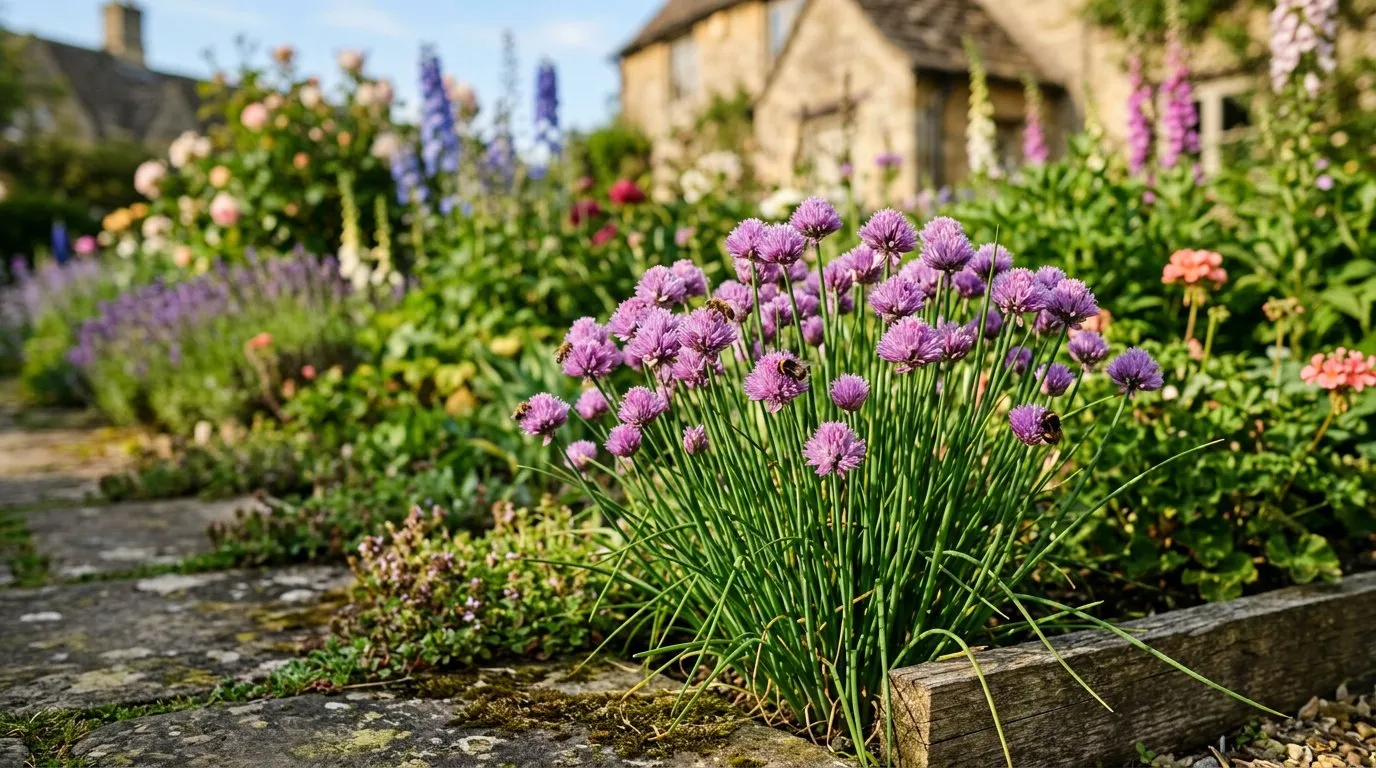 Chive plants with purple globe flowers in full bloom growing in a UK herb garden border