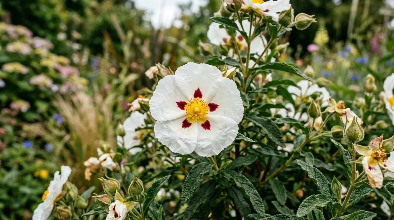 Close-up of cistus rock rose flowering in a UK garden border for cistus rock rose guide
