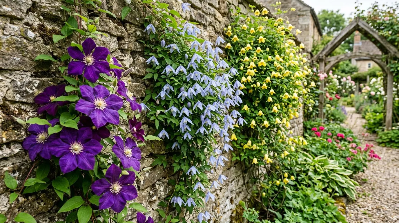 Comparison of three clematis pruning groups showing flowering times and pruning methods