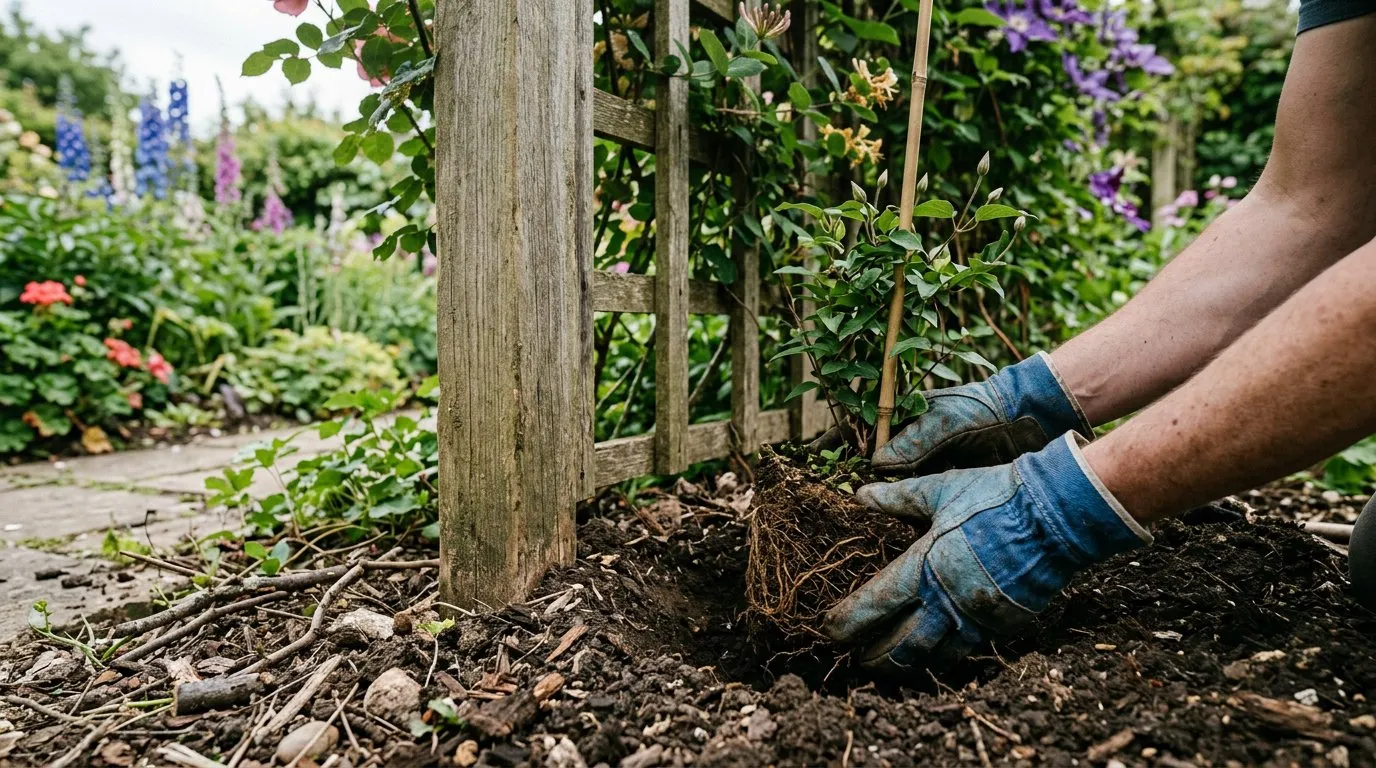 Clematis being planted at the correct depth beside a wooden trellis panel