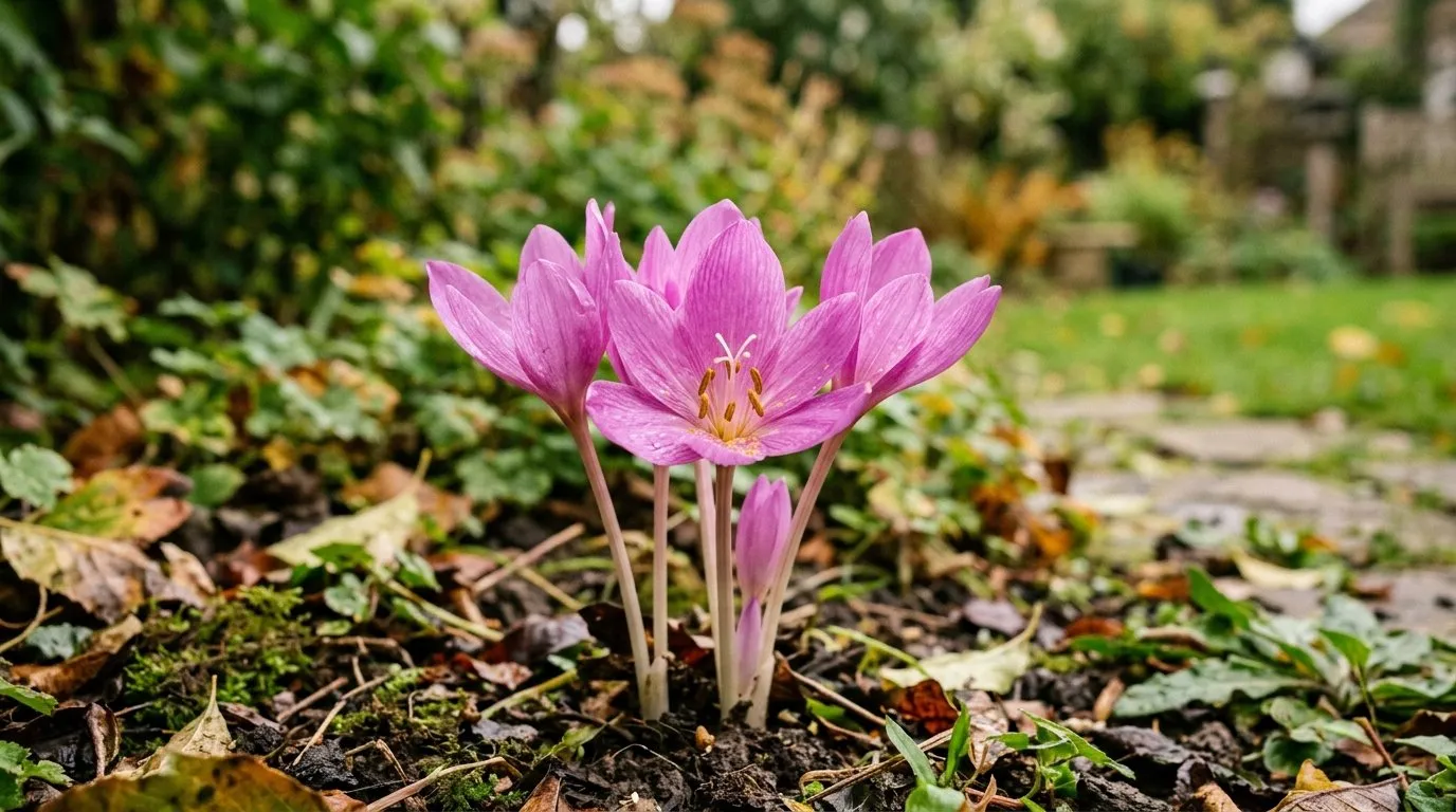 Close-up of colchicum flowering in a UK garden border for colchicum guide