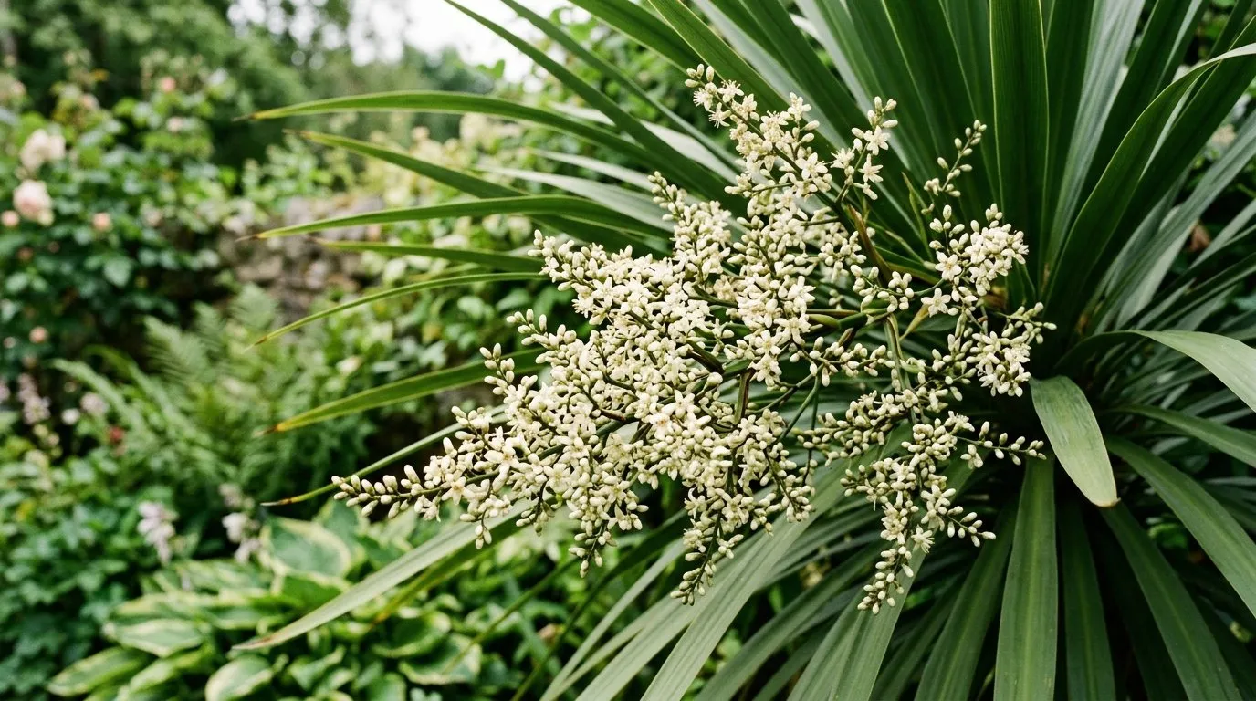 Close-up of cordyline flowering in a UK garden border for cordyline guide